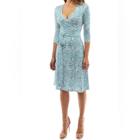 Women Faux Wrap A Line Dress (Dark Cyan and White Large), Large - Picture 3 of 16